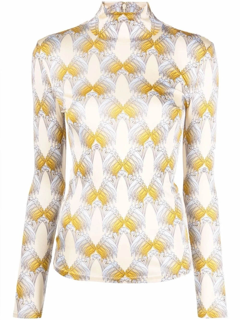 Tory Burch Printed Silk Jersey Turtleneck- Sand Deco Crane Geo design